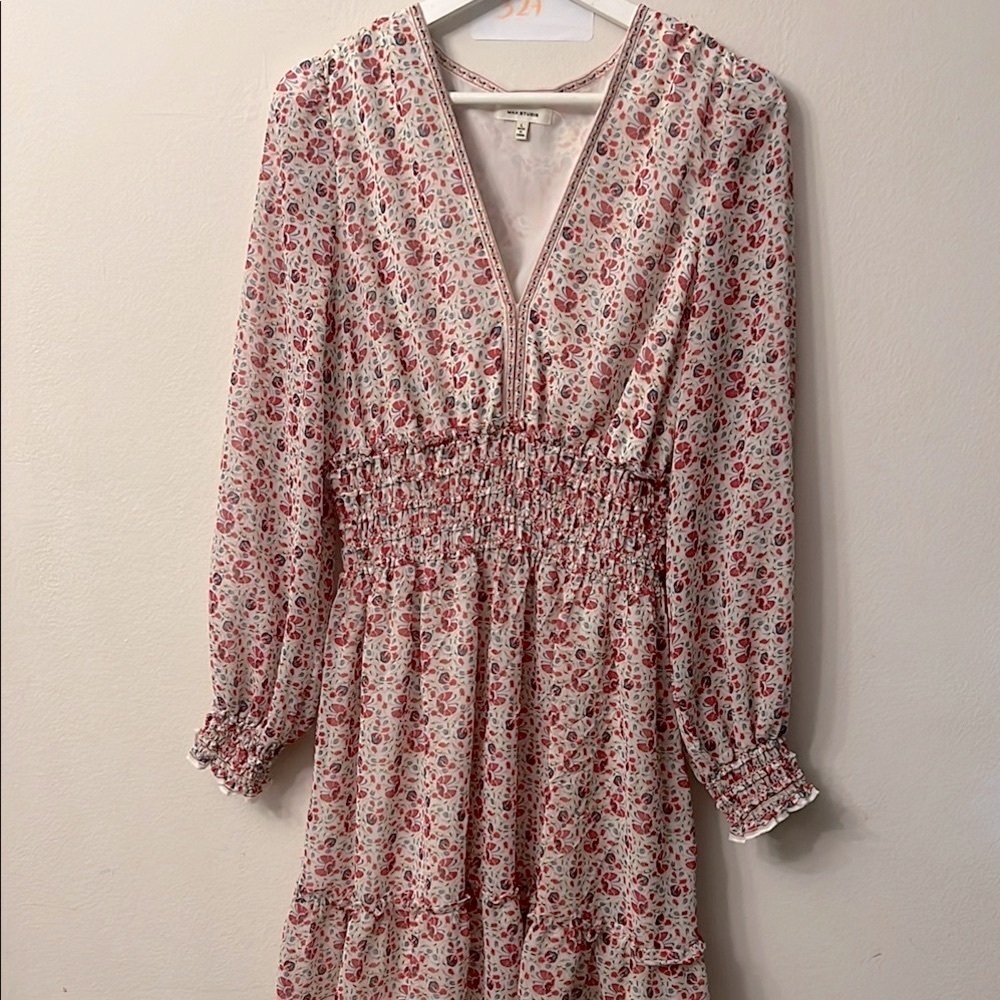 Max Studio Pink and White Smocked Sundress with Bishop Sleeves